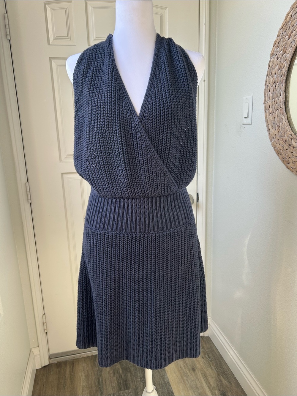 Nicholas Blake Halter Mini Dress Women L Navy Blue Open Back Chunky Knit Sweater